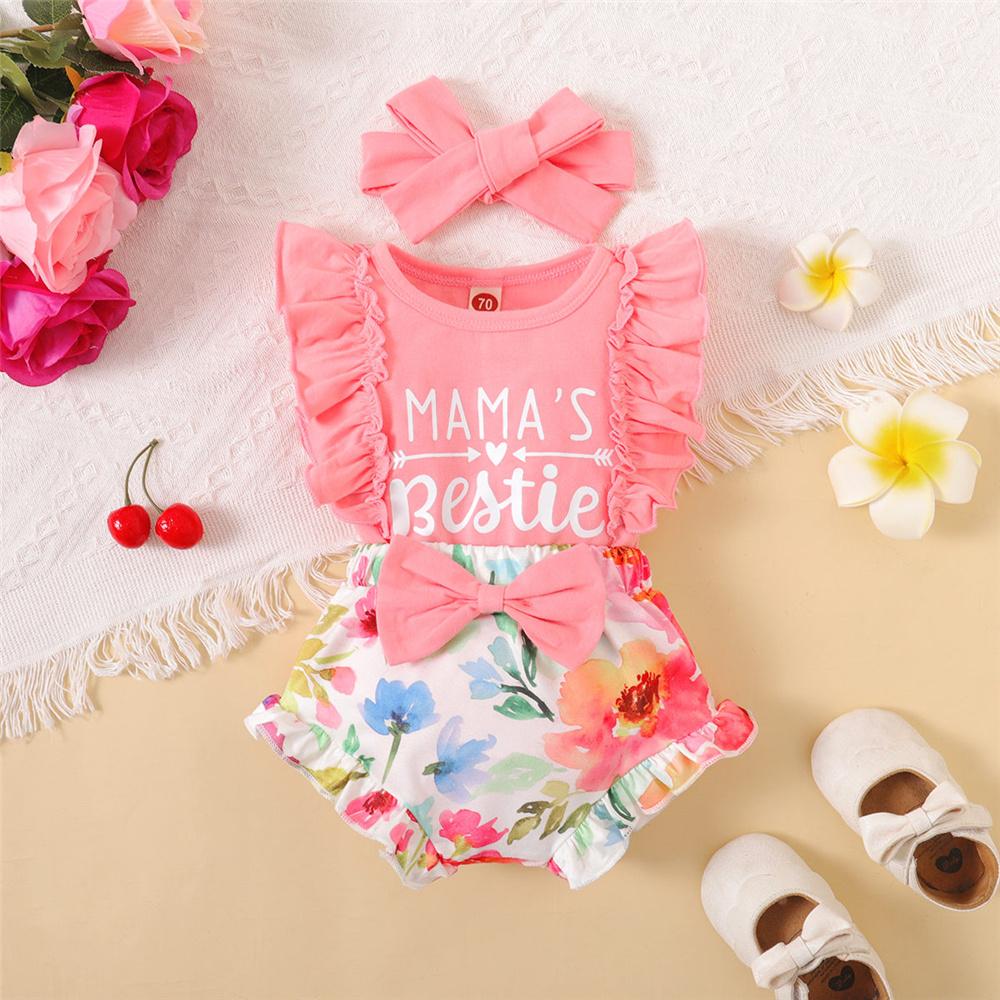 Fashion Letter Print Ruffle Sleeve Baby Bodysuit + Shorts +Headband 3PCS for 0-18M Newborn Baby Girl Outfit Summer Casual Clothes Set