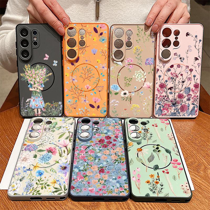 Girl Flowers Pattern Case For Samsung Galaxy S26 Ultra S25 Edge S24 Plus S23 FE S22 A17 A54 A55 A56 A57 5G Magnetic For Magsafe Matte Cover
