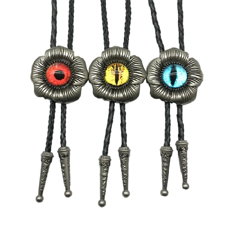 Bolo Tie for Unisex Western Bolo Tie Vintage Flower Evil Eyeball Pendant Faux Leather Rope Adjustable Necktie Necklace