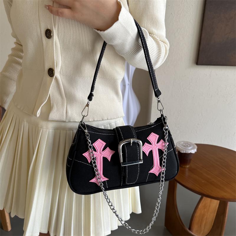 Fashi Y2K Cool Girls Chain Shoulder Bag Retro Canvas Women's Underarm Bags Small Tote Handbags Clutch Purse Crossbody Bag