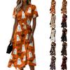 Womens Halloween Print Midi Dress Short Sleeve V Neck Casual Elastic Waist Pumpkin Dress For Holiday Party