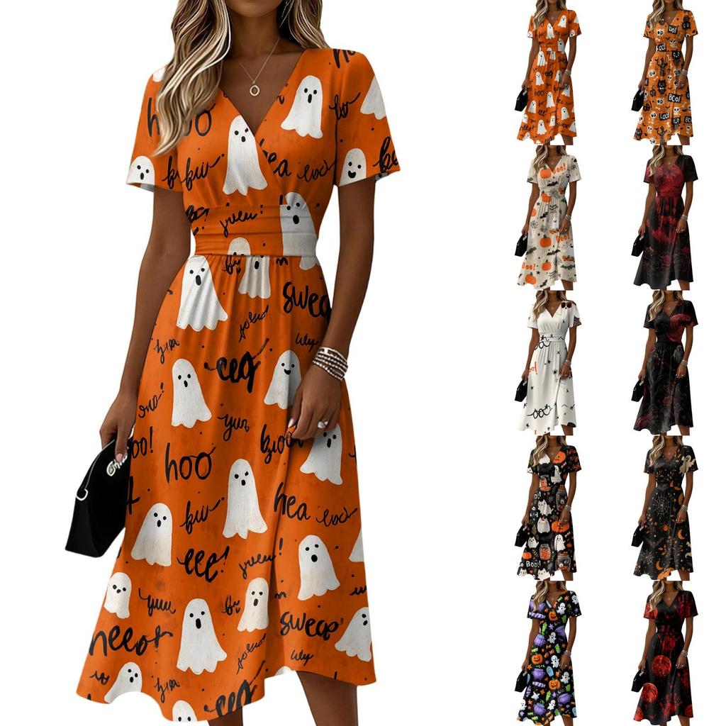 Womens Halloween Print Midi Dress Short Sleeve V Neck Casual Elastic Waist Pumpkin Dress For Holiday Party