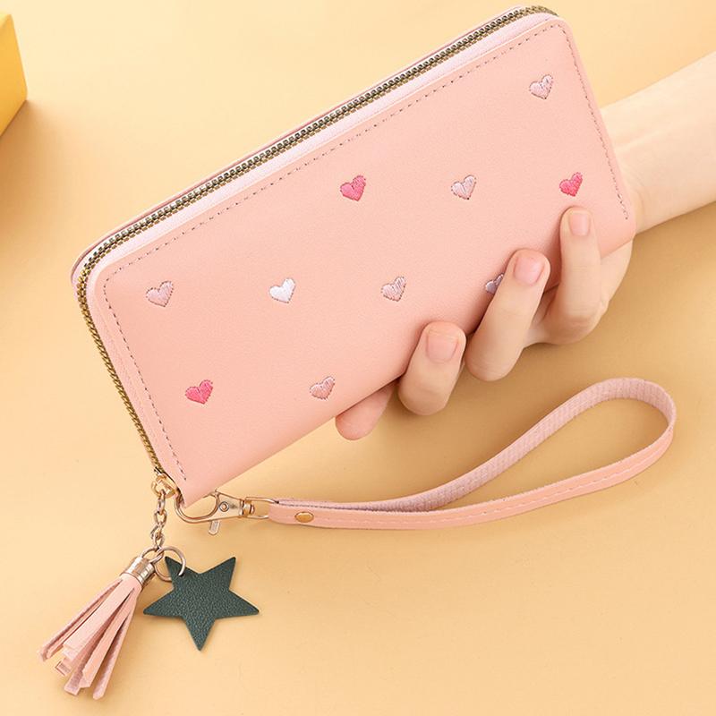 New Long Women Wallet With Heart-Shaped Korean Style Tassel Embroidery Card Holder For Women