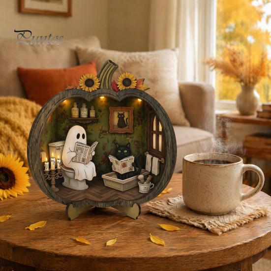 Fall Harvest Home Decoration Halloween Ghost Wooden Tabletop Ornament, 2D Flat Cute Reading Bathing Thanksgiving Table Centerpiece Watering
