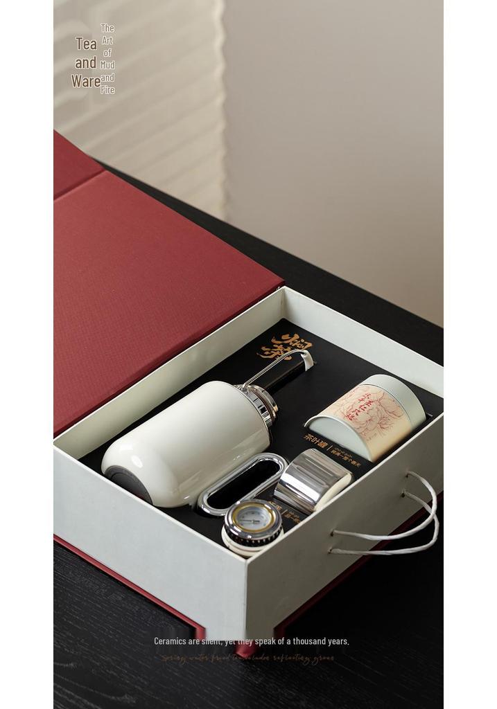 Tang Song White Handle Stewing Tea Pot & Insulated Stainless Steel Water Bottle Gift Set