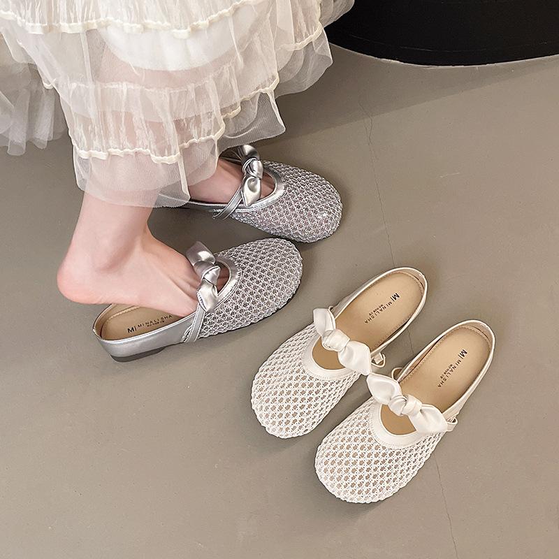 Cool summer niche woven mesh breathable flat bottom bag head half slippers women's 2025 new one-pedal slippers