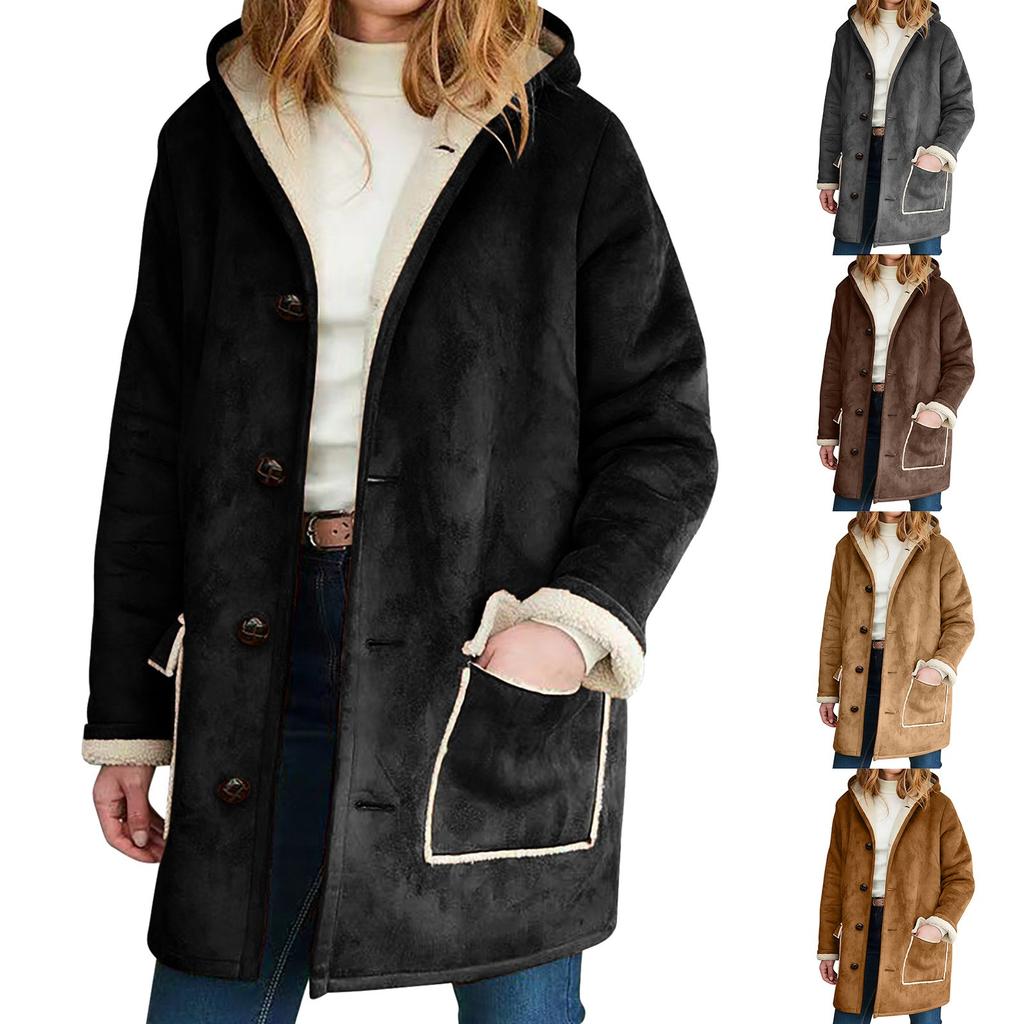 Women'S Autumn Winter Fleece Jacket Solid Long Sleeve Fur Lined Long Button Jacket Ladies Outerwear Hooded Jacket