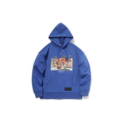 Li Ning Badfive Basketball Series Loose Fleece Cartoon Print Pullover Hoodie Men Hoodies Blue AWDR099-1