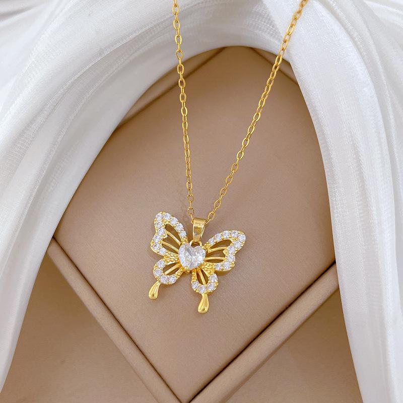 Titanium Steel, Empty Zircon Butterfly Light Luxury Temperament Gorgeous Full Diamond Necklace Female Versatile Collarbone Chain Titanium Steel Chain