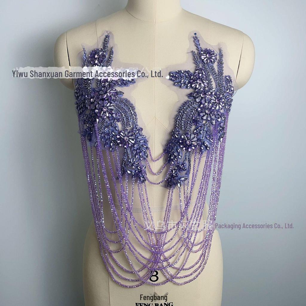 Handmade Beaded Tassel Wedding Dress Shoulder Ornaments with Crystal Diamond Lace Applique