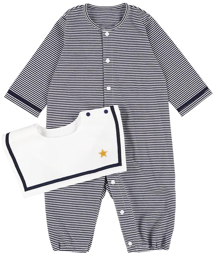 [Wacoal Baby] Baby-Strampler mit Lätzchen, 100% Baumwolle (Körper), Jersey-Stoff, Geschenk, Langarm, Vorne zu öffnen, BGU573 KO, 50-70