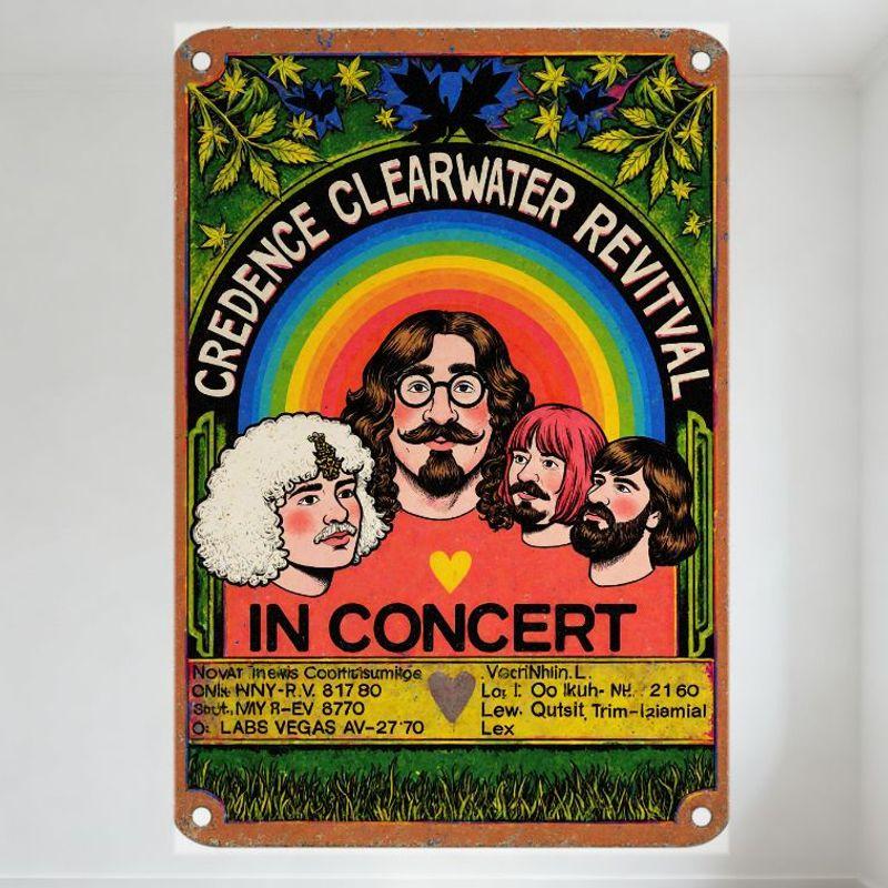Creedence Clearwater Revival Винтажный Концертный Металлический Плакат Ретро Иллюстрация Участников Группы Радуга Металлическая Табличка для Домашнего Бара Кафе Стены 20x30cm(7.8x11.8inch)