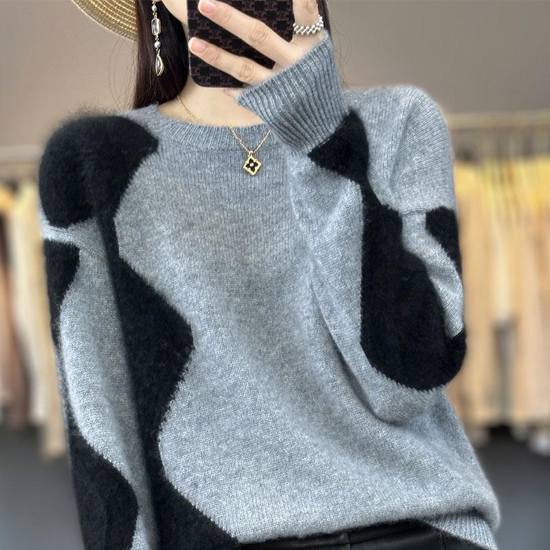 Autumn Winter Women's Crew Neck Wool Sweater Color-block Loose Thick Pullover Knitted Wool Sweater