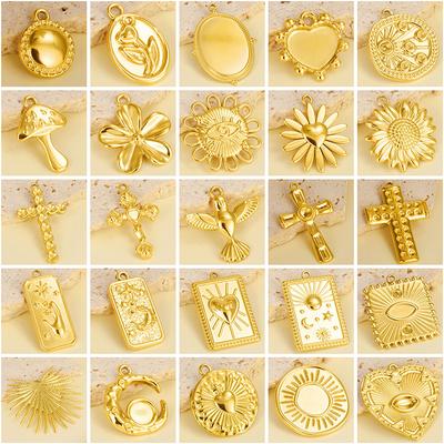 6pcs Real Gold Plated Sun Moon Star Charm Cross Stainless Steel Charms For Jewelry Making Supplies Flower Heart Handmade Pendant