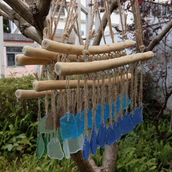 Handmade Sea Glass Wind Chimes for Outside Coastal Style Hanging Wind Chime with Wooden Hanger for Home Wall Garden Decor Gifts for Mom Women
