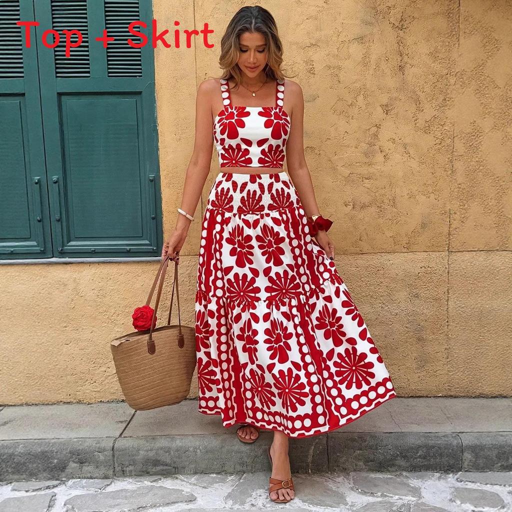 Set di Vestiti Lunghi Senza Maniche con Stampa Floreale Bohemien per l'Estate Casual da Donna