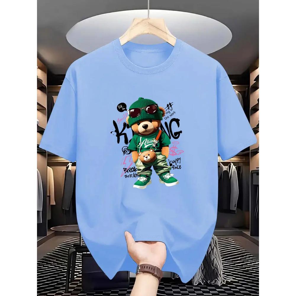 Herren Sommer 100 Baumwolle Modisch Lässig Locker Großes Geometrisches Bärenmuster Bedruckt Sport Rundhals Kurzarm T-Shirt Top