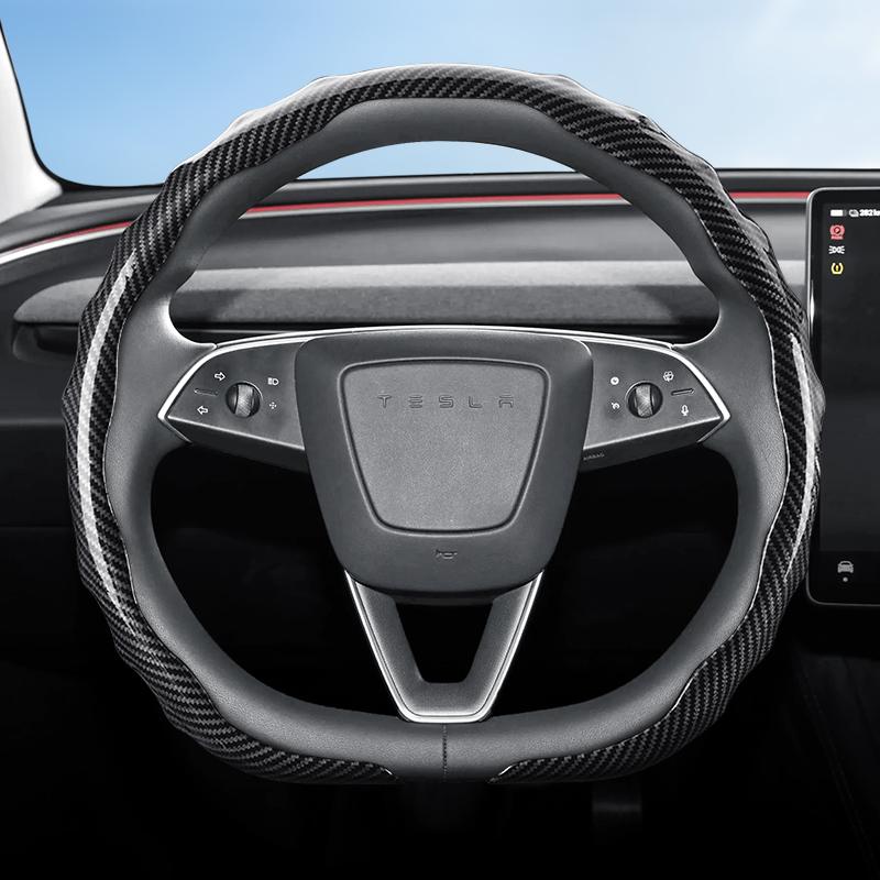 

Suitable for Tesla Carbon Fiber Texture Steering Wheel Cover, Snap-On Wave-Shaped Sporty Design, Durable Protective Case Suitable for Model 3 Y S X