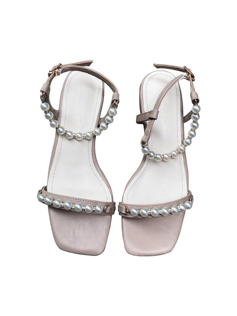 Pearl Narrow band slingback slip on gladiator sandalias woman beads metal decoration thick low heels shoes women sandals