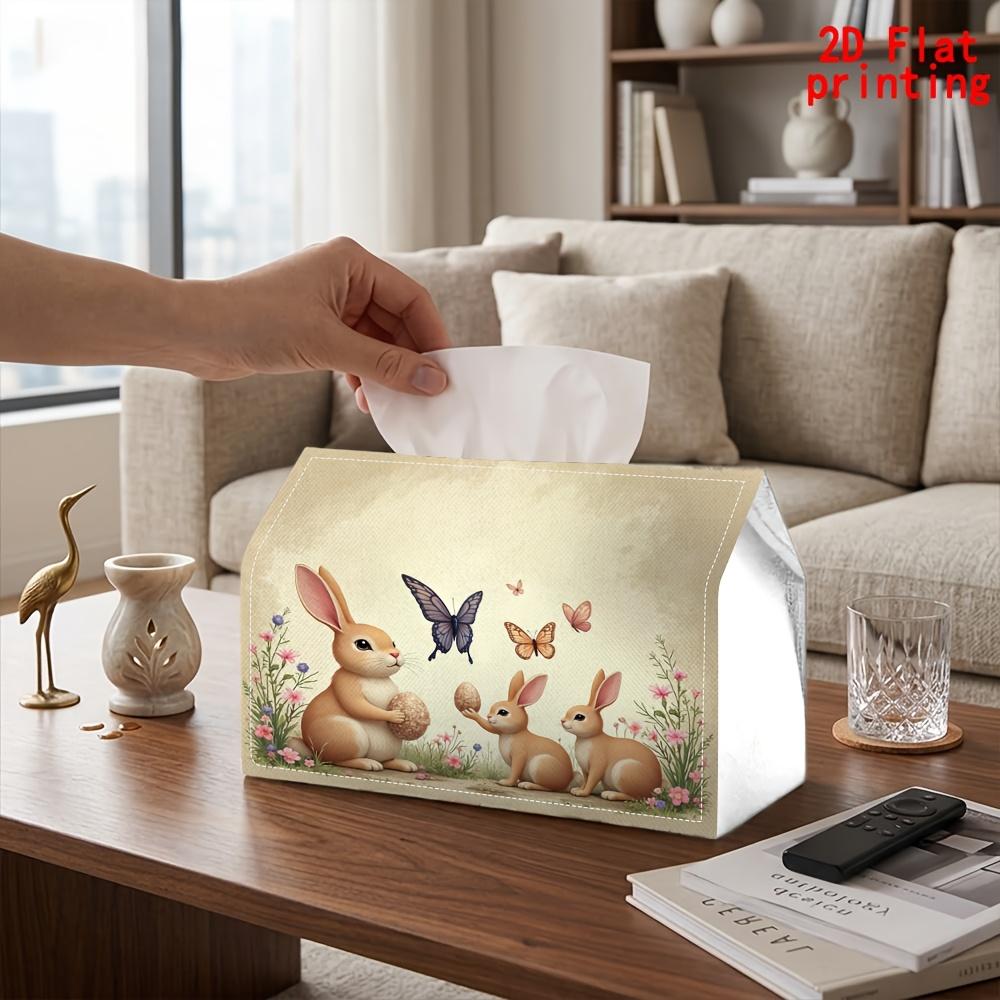 2D Flat 1pc, Tissue Box. Rabbit, Butterfly, Easter Egg, Grass, Flower Pattern Napkin Tissue Box, Reusable, Daily Desktop Tissue Storage Box, Suitable