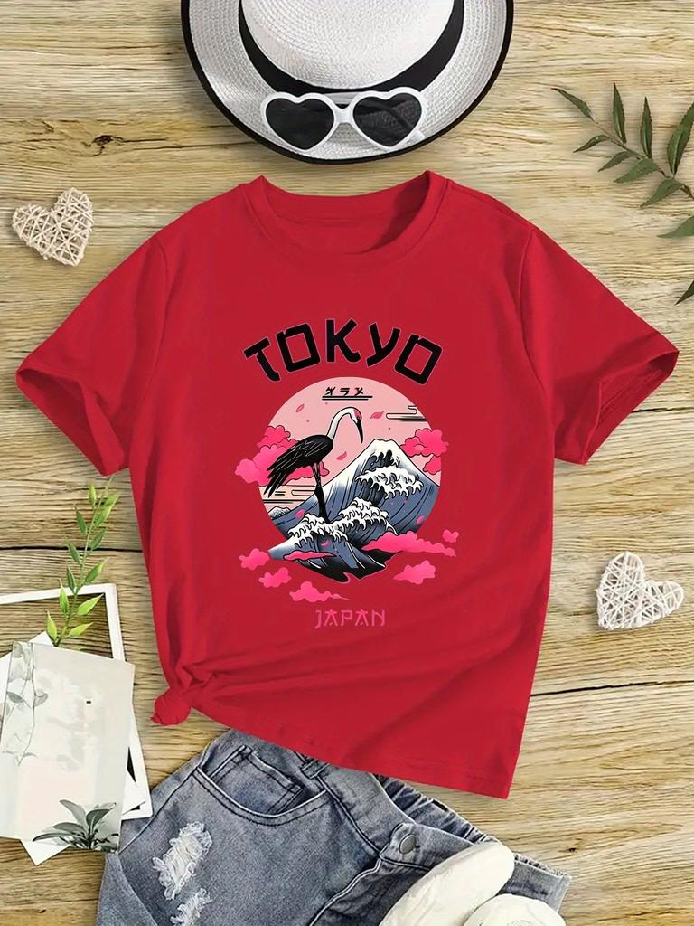 Girls Short Sleeve TShirt Tokyo Japan Graphic Print Black Casual Top Summer Tee with Mount Fuji Sakura Design Summer Round Neck