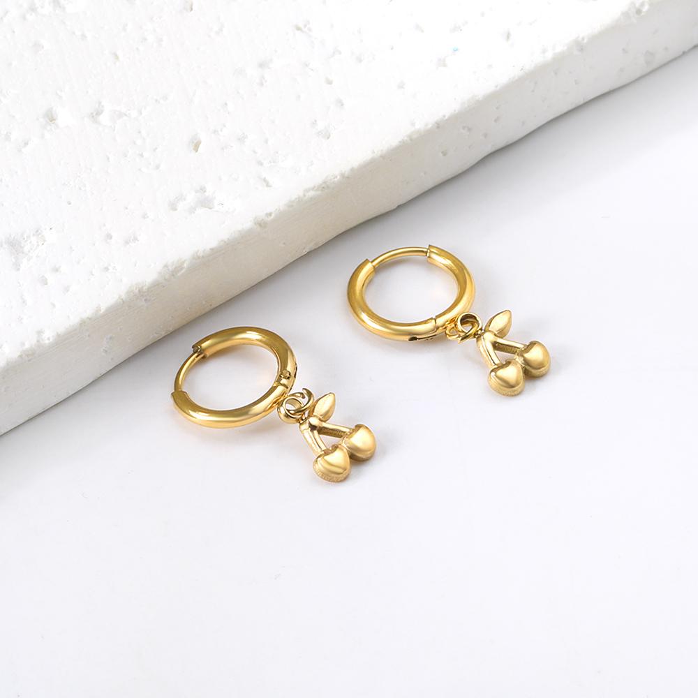 Fashionable Cute Cherry Pendant Earrings Stainless Steel Daily Sweet Jewelry Gold Plated for Girls Women's Stud Earrings Gift
