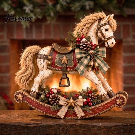 Small Statues for Holiday Displays Retro Christmas Rocking Horse Ornament with Pine Cones Berries Tabletop Collectible Table Decor Decoration, Vintage