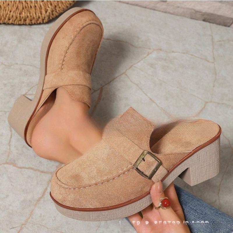Women's Suede Square Toe Block Heel Mules, Thick Sole Casual Slip-On Shoes