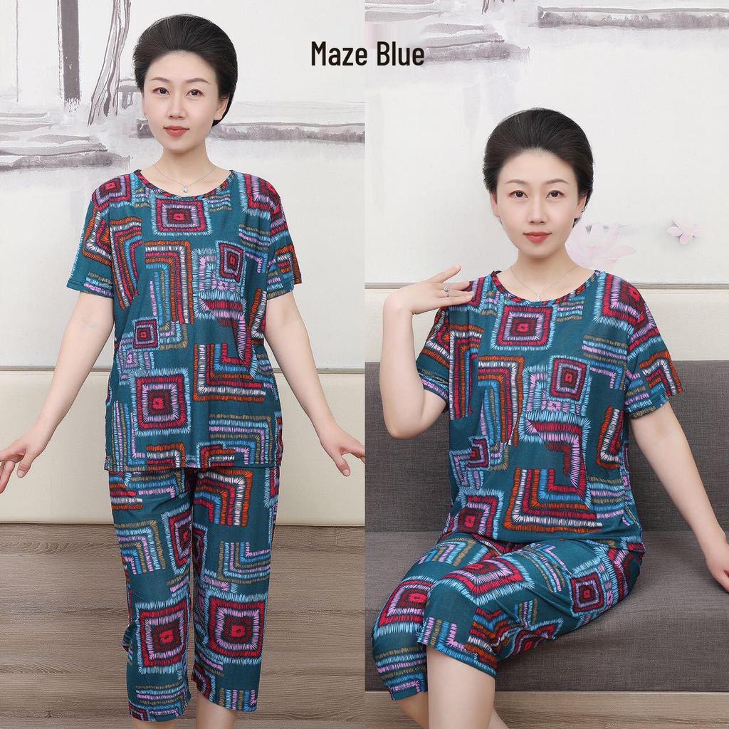 Summer Ice Silk Casual Suit for Elderly Women: Short Sleeve Fashion Outfit for Mothers and Grandmothers