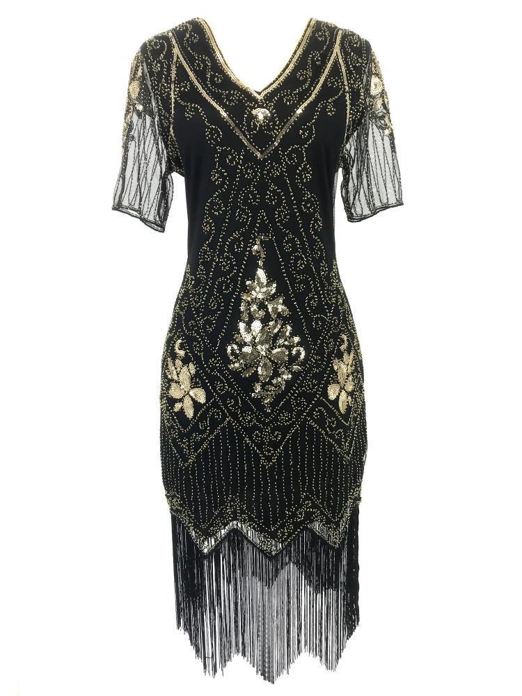 European & American 1920s Vintage Sequin Beaded Tassel Plus Size Evening Party Dress