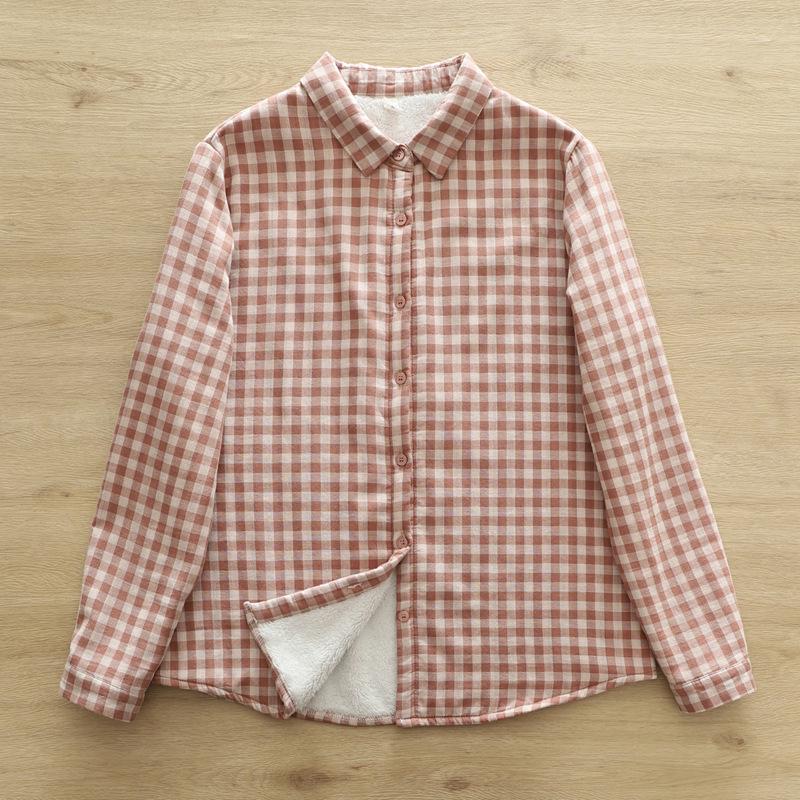 

Winter 2025 Women s Long Sleeve Plaid Cotton Shirt with Velvet Lining L 115-125 lbs рожевий
