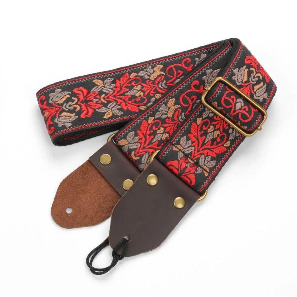 Leather Head Embroidered Guitar Strap Vintage Flowers Electric Guitar Belt  Acoustic Bass