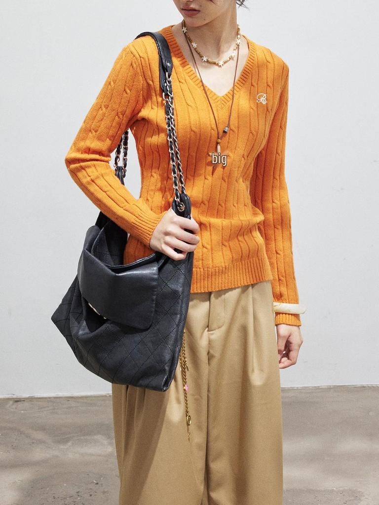 Women's Autumn Slim Fit Orange V-Neck Cable Knit Sweater - Korean Style Long Sleeve Casual Top