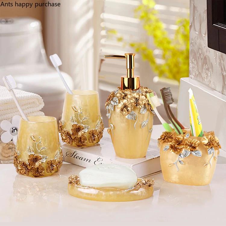 Resin Bathroom Set Toiletries Bathroom 5-piece Set with Rectangular Tray Lotion Bottle Toothbrush Holder Mouth Cup Soap Dish