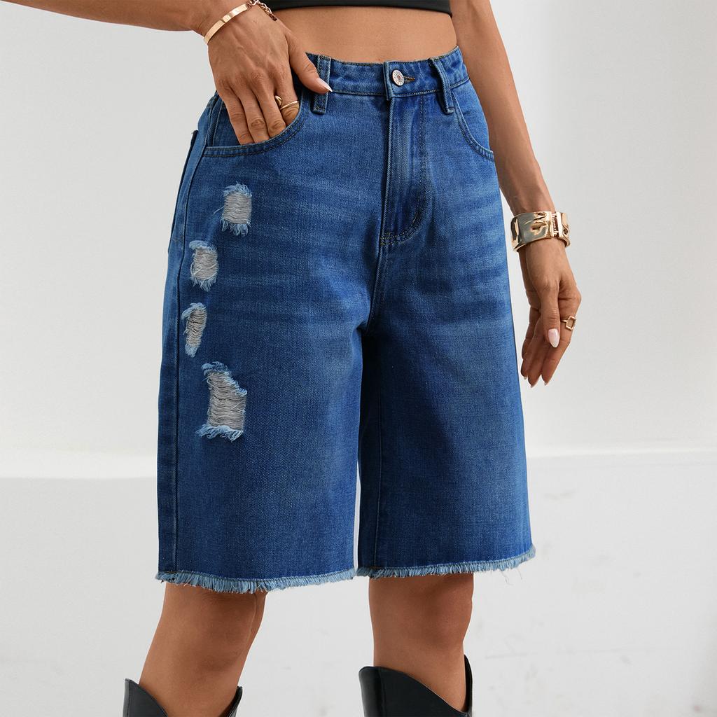 Women's Casual Color Denim Ripped Five-point Pants Fringe Jeans