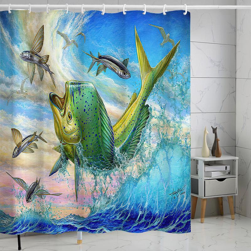 Coastal Marine Shower Curtain: Dolphin, Starfish, Seahorse, Seashell, Sea Turtle - Moisture-Proof, Mildew-Resistant, Waterproof, Beach Bathroom Décor