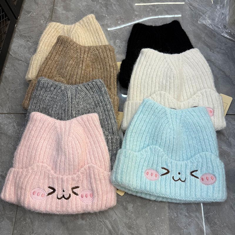 Cute cat ears embroidered wool hat female autumn and winter warm big head circumference showing small face cold-proof knitted hat cold hat