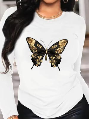 (Asian Size) Tee O-neck Print Autumn Winter Spring Women Clothing Trend Butterfly Casual Long Sleeve T Shirt Fashion Top Graphic T-shirts