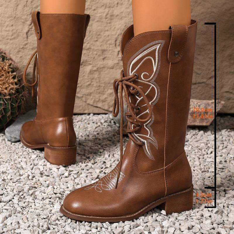 Fashion Lace-up Embroidered Women's 2025 New Square Toe Mid-Cone Boots Block Heel Fashion Boots