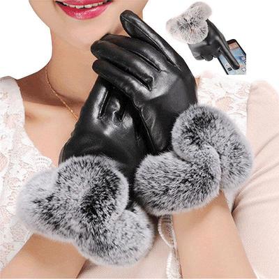 Women's Fashion Plush Winter Warm PU Leather Gloves Fur Touch Screen Gloves