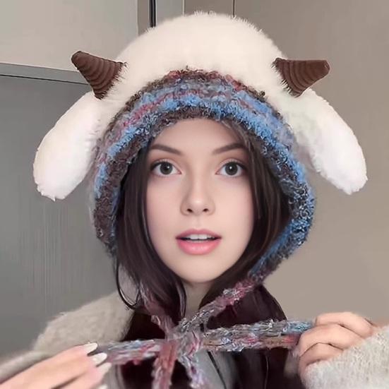 Gestrickte Mütze Lammöhren Design Universalgröße Weiche Plüsch Winddichte Mütze Familienfoto Weihnachtsmütze 2 in 1 Cabrio Nikolausmütze Tote