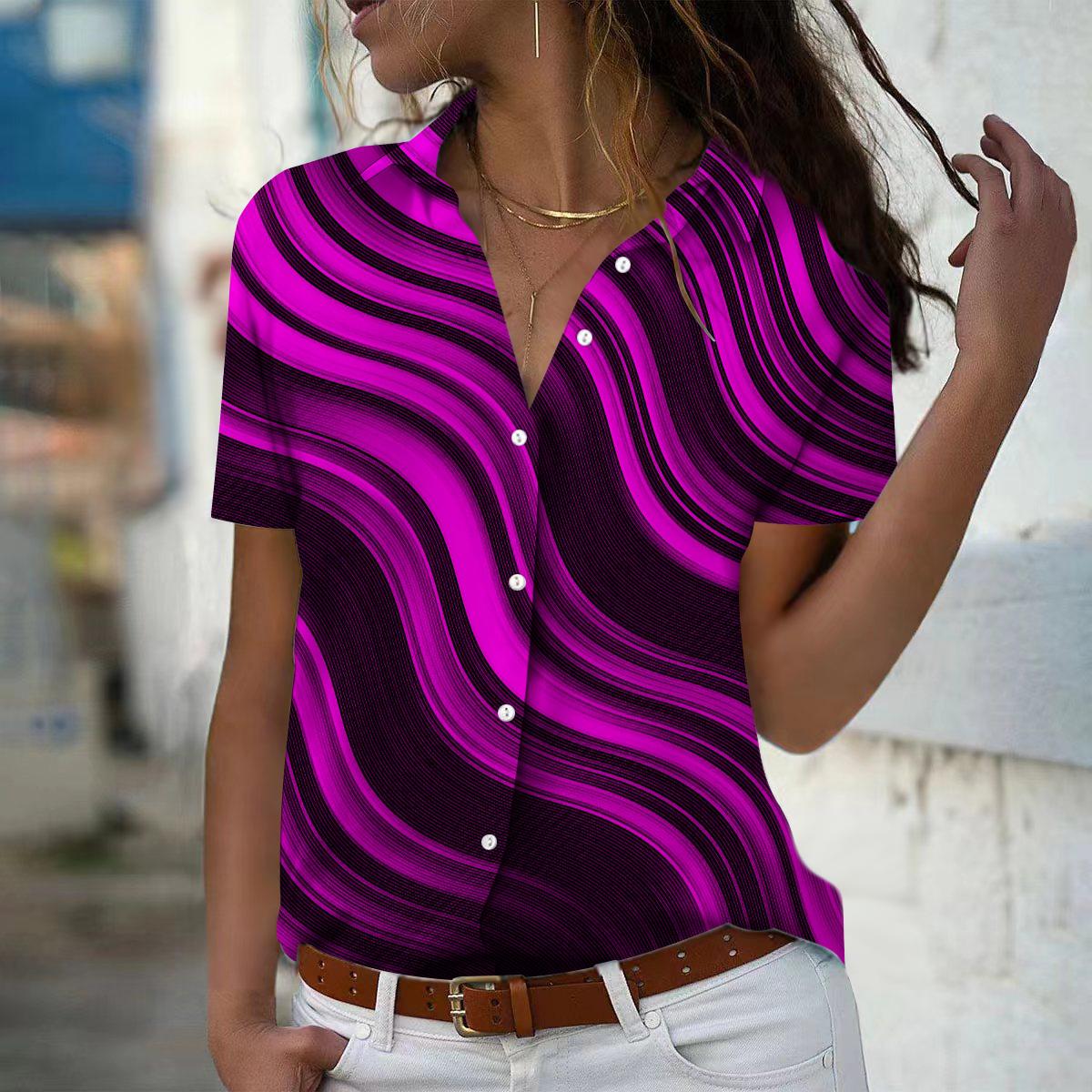 

2025 Summer New Fashion Women s Geometry Printed Short Sleeve V-neck Casual Button-down Shirt Top XS фіолетовий