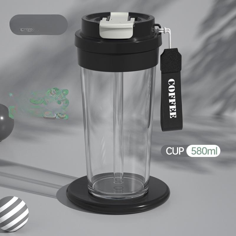 

Большая емкость, двойная пластиковая кофейная чашка для напитков, высокий внешний вид, офисный автомобиль, портативная соломенная удобная чашка для воды 580ml чёрный