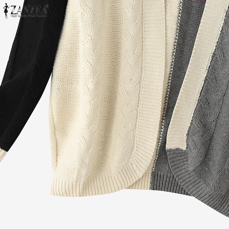 ZANZEA Autumn Winter Women Long Sleeve Patchwork Open Front Casual Loose Sweater Knitwear