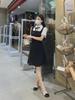 Women's Large French College Style Black Two-Piece Polo Dress - Waist Slimming A-Line Summer Skirt