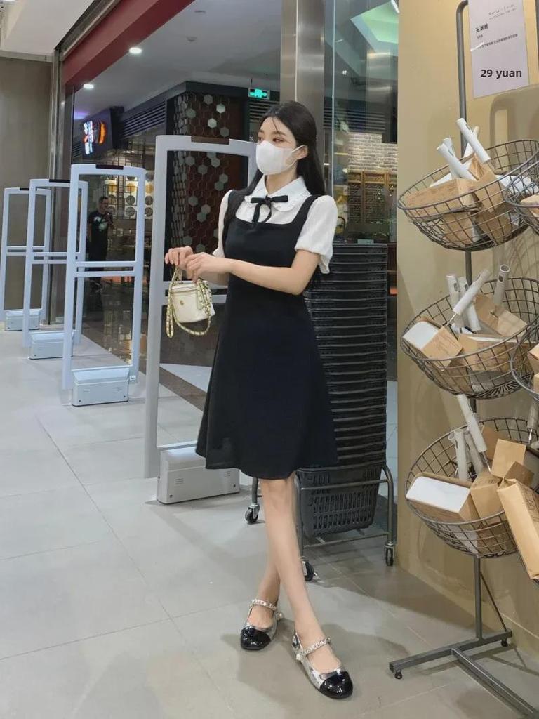 Women's Large French College Style Black Two-Piece Polo Dress - Waist Slimming A-Line Summer Skirt