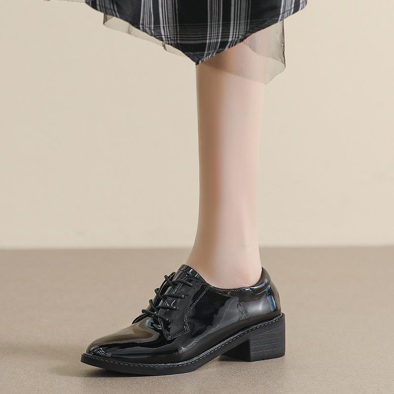 Women's Black Genuine Leather Flat Mid-Heel Shoes - British Style, Soft Bottom, Comfortable for Work, Autumn 2024 Collection