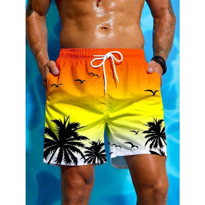 Summer Vacation Men's Palm Tree Print Drawstring Waist Board Shorts Fashion Swim Trunks 3D Print Breathable Short Streetwear