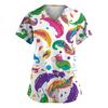 Women's Fashion V-Neck Short-Sleeved Workwear With Pockets Carnival Print Top Caregiver Uniform