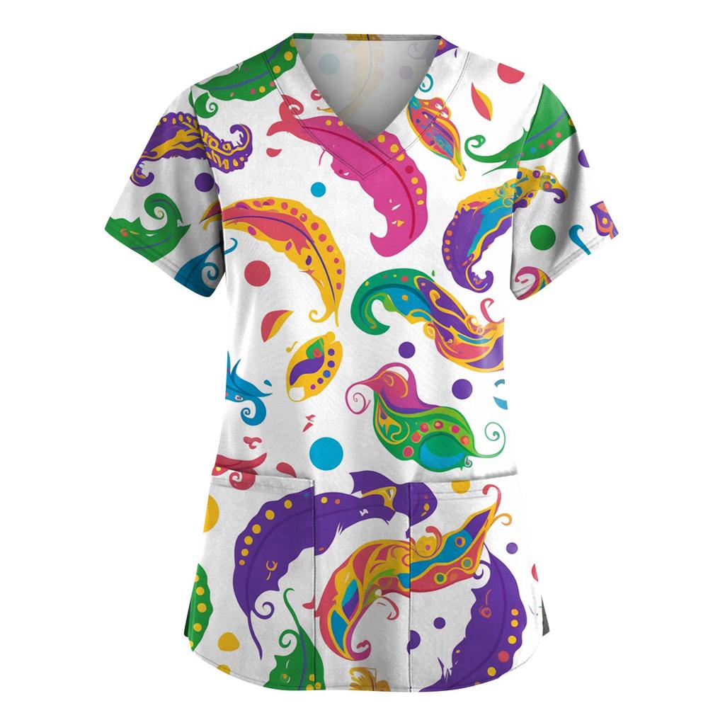 Women's Fashion V-Neck Short-Sleeved Workwear With Pockets Carnival Print Top Caregiver Uniform